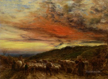 Linnell John Homeward Bound coucher de soleil 1861 moutons Peinture à l'huile